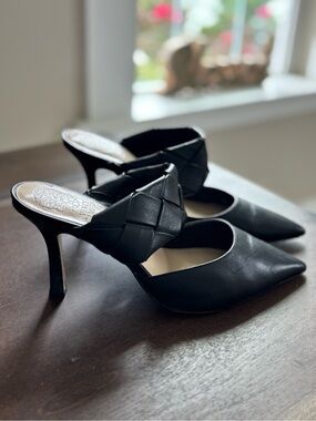 Vince Camuto Black Pointed Toe Braided Strap Heeled Mule